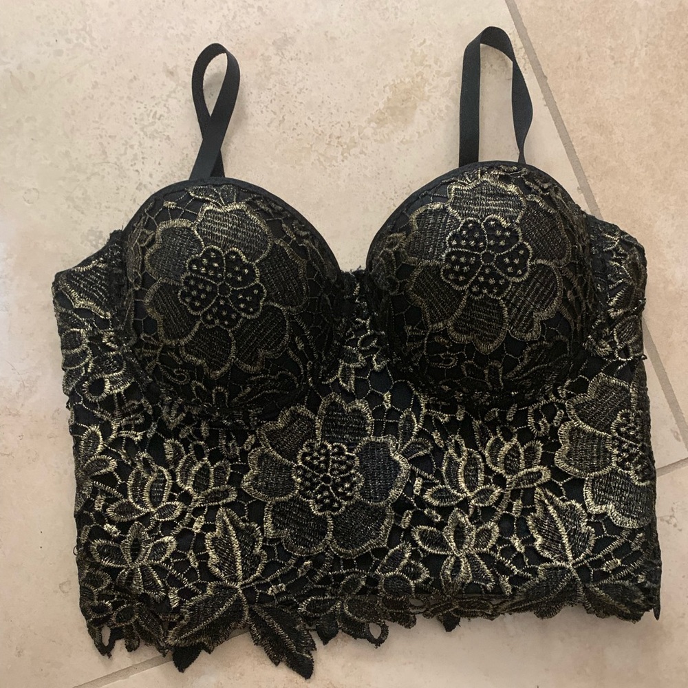 GOLD BLACK CORSET CROP TOP BUSTIER BRA
